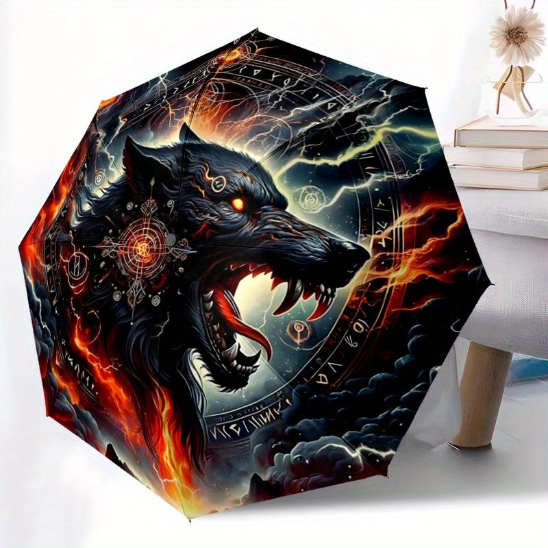 1pc A Fiery Wolf amidst Celestial Symbols Pattern Automatic Umbrella is Fashionable and Good-Looking,  Suitable for Travel and Daily UseC014