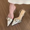 Stylish! Pointed Belt Buckle Shallow Mouth High Heels Women's 2024 Spring and Summer Thin Heel Cool Slippers