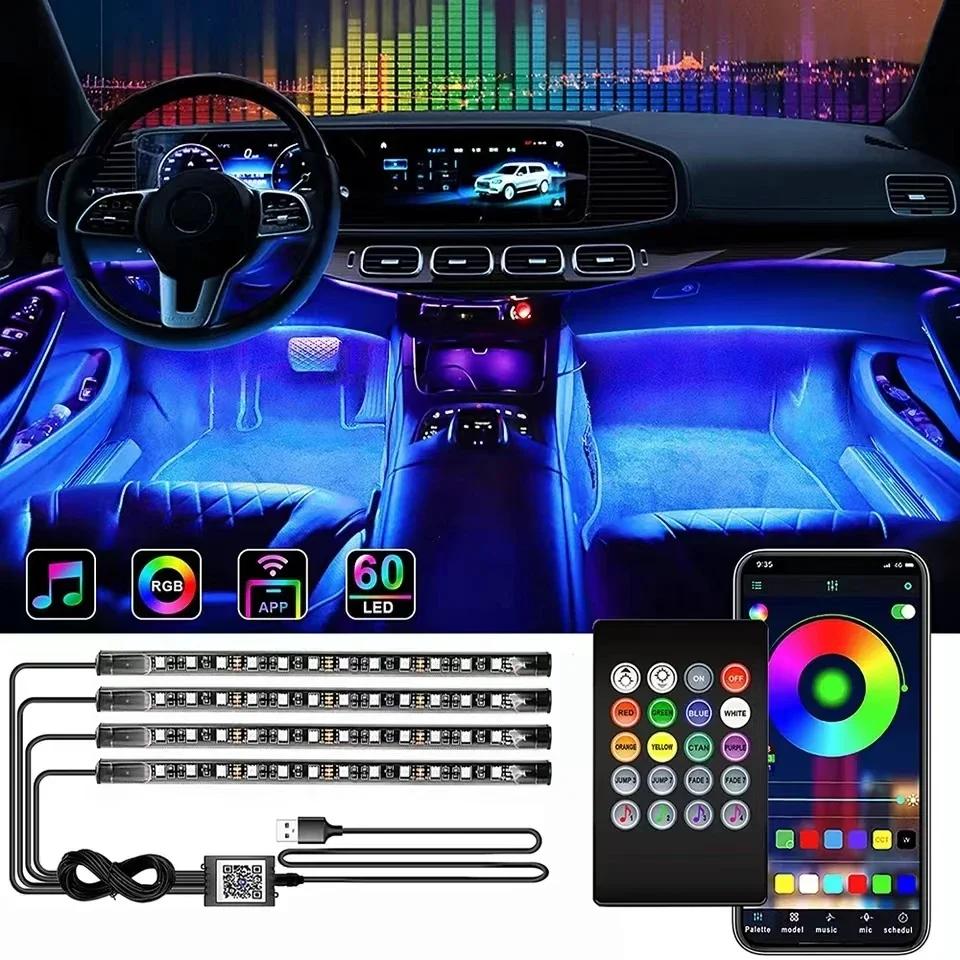 Светодиодная лента для салона автомобиля, декоративная, атмосферная, RGB, USB, приложение, с пультом управления, мигающие лампы в ритм музыки, инструменты