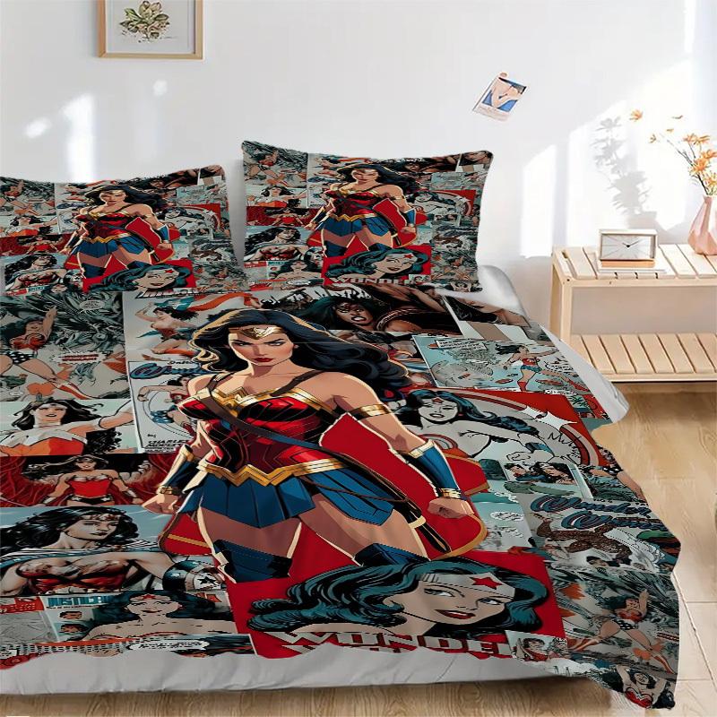 3pcs Wonder Woman Bedding Set, Soft Polyester Duvet Cover and Pillowcases Machine Washable Seasons all suitable & Guest Room Decor331