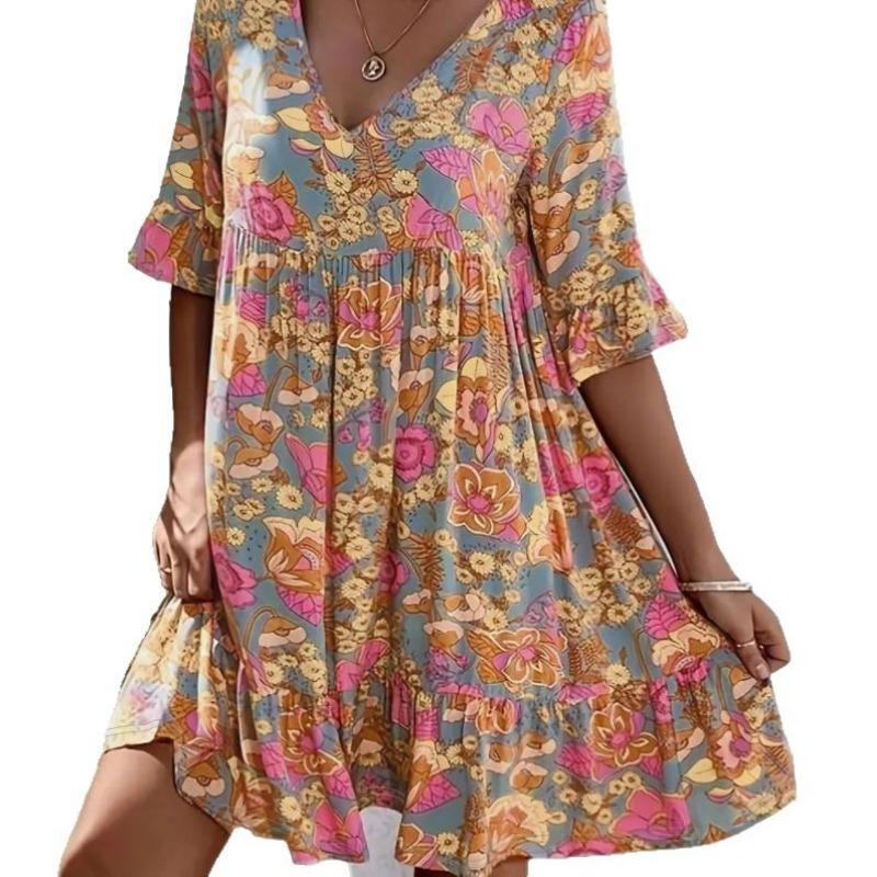 Женское повседневное летнее платье в стиле бохо с V-образным вырезом и цветочным принтом