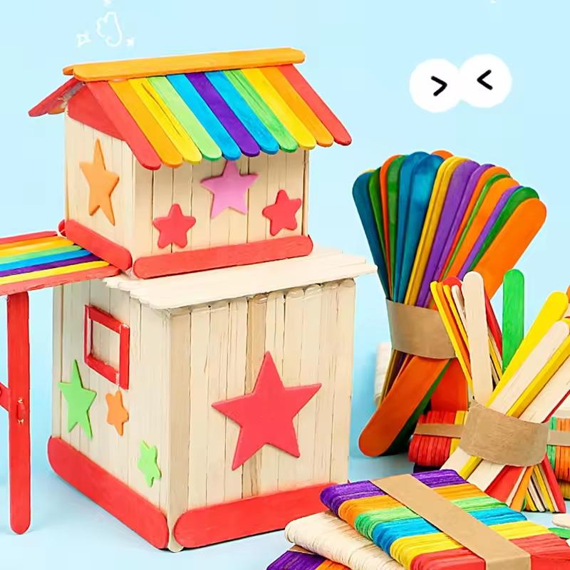 100Pcs Natural Wooden Ice Cream Sticks DIY Craft Wood Strips Kids Art Handicraft Supplies
