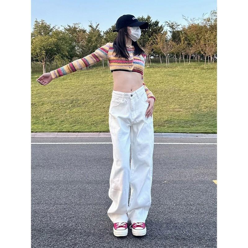 White High-Waisted Wide Leg Jeans Women Loose Straight Cut Slimming Flowy Denim Pants