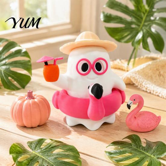 Ghost Figurines for Tabletop 3D Printed Summer Figurine, Cute Beach Theme Ornament with Indoor Seasonal Decorations Straw Hat Swimming Ring And Gasses
