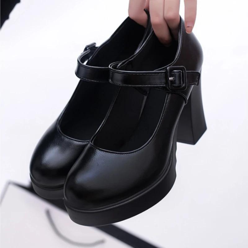 Туфли-лодочки на толстом каблуке, женские туфли с круглым носком, свадебные туфли, женские туфли для вечеринок и танцев, туфли с неглубоким носком и пряжкой на ремешке, женские туфли на высоком каблуке