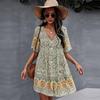 Women Casual Sexy Bohemian V Neck Short Sleeve Print Short Dress Spring Summer Beige Green Navy Blue S M L XL