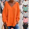 Women's Solid Color Casual V-Neck Loose Long Sleeve Comfortable T-Shirt
