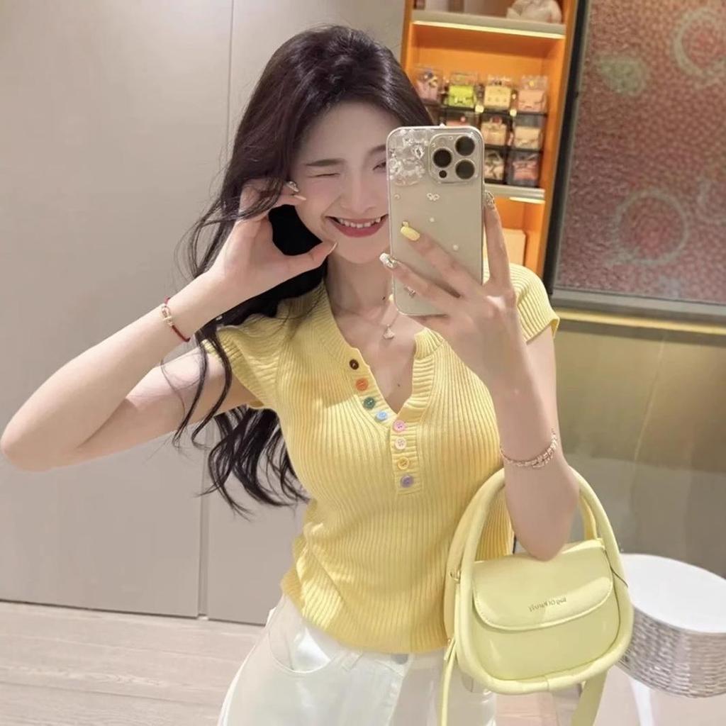 Korean-Inspired Colorful Button V-neck Knitted Top - 2025 Summer Chic Slimming Fashion for Women