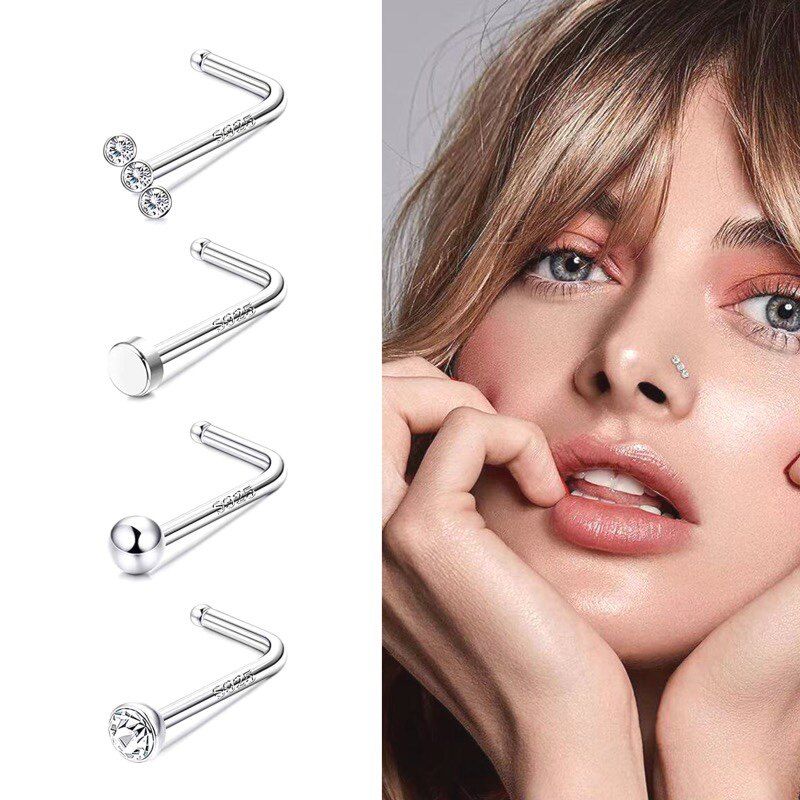 925 Sterling Silver Nose Stud European and American All-Matching L-Shaped Puncture Cochlear Perforation Ear Bone Stud Male Nasal Cavity Anti-Allergy