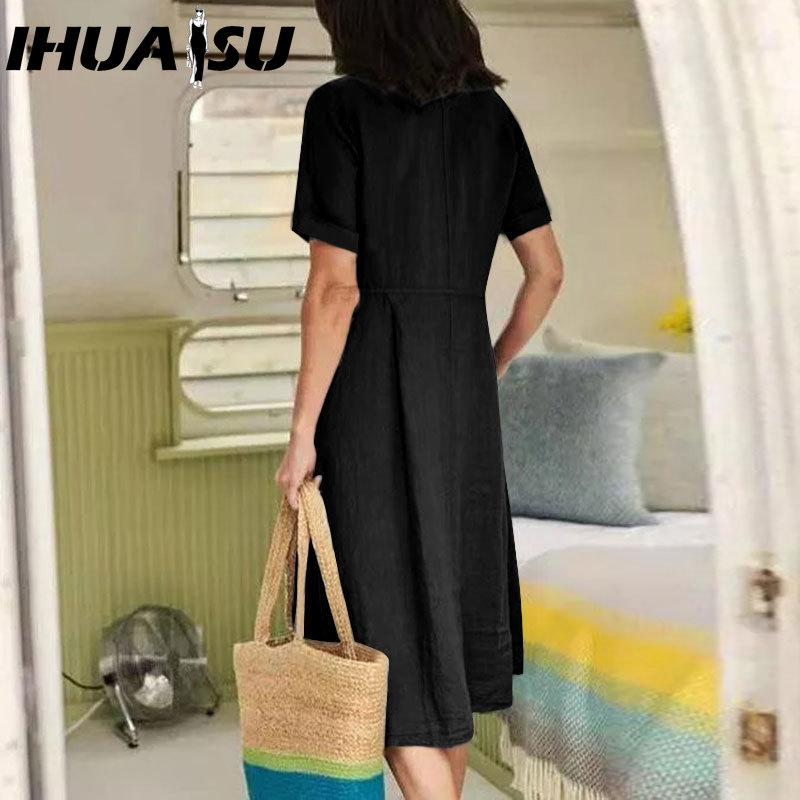 IHUASU Женская мода лето весна однотонный принт V-образный вырез высокая талия повседневные платья