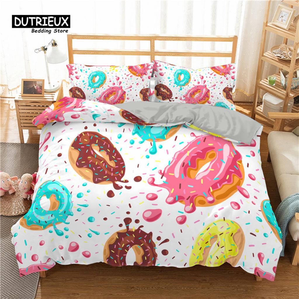 Мягкий милый комплект пододеяльников с пончиками, комплект постельного белья с десертной тематикой для девочек и мальчиков, подарки из микрофибры, забавный мультяшный комплект со вкусной едой, пододеяльник