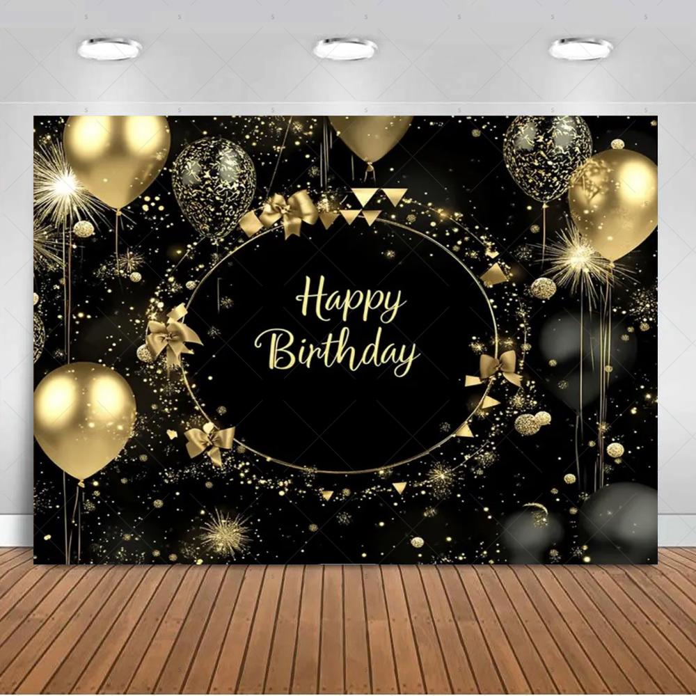 Black and gold birthday party decorations, black and gold balloons, photography backdrop, photo shoot props, supplies3766
