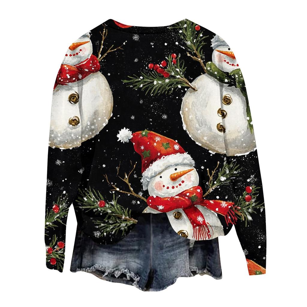 Женская мода круглый вырез пуловер длинный рукав футболка рождественский принт топ