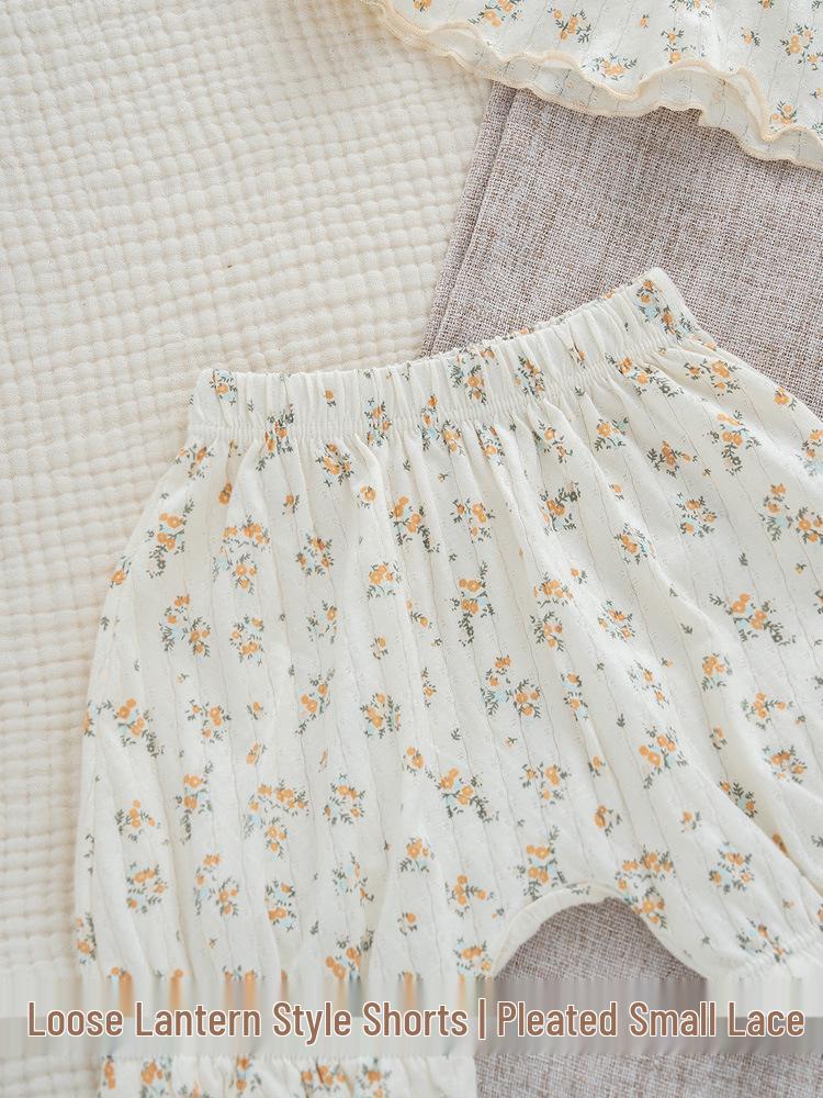 Летний хлопковый комплект из двух предметов для девочек с цветочным принтом: Дышащая, Ультратонкая футболка с коротким рукавом и увеличенной областью для подгузника для младенцев