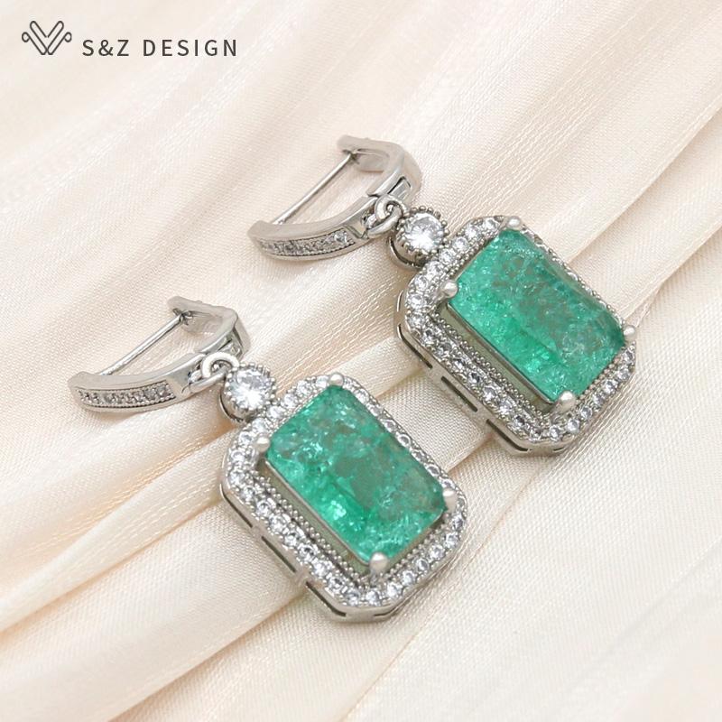 Fashion Rectangle Ice Crack Crystal Drop Earrings For Women Wedding White Gold Color Cubic Zirconia Eardrop Jewelry Gift