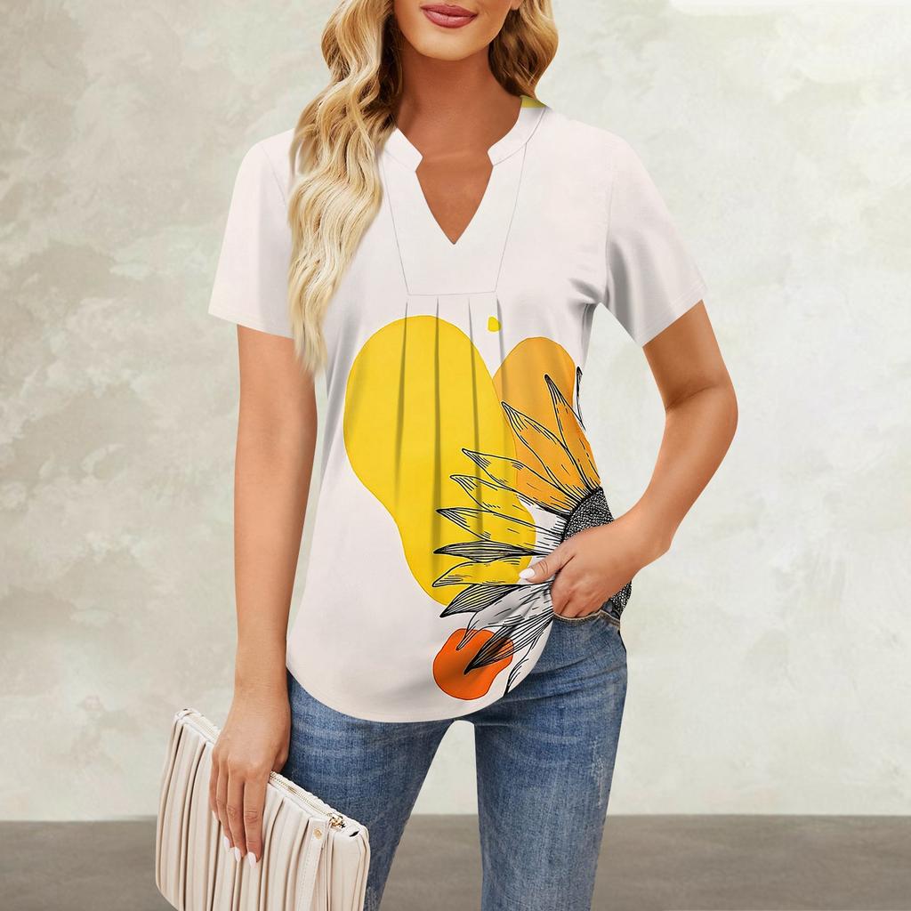 Women's Short Sleeve Casual V-neck Chest Pleated Printed Loose T-shirt Top