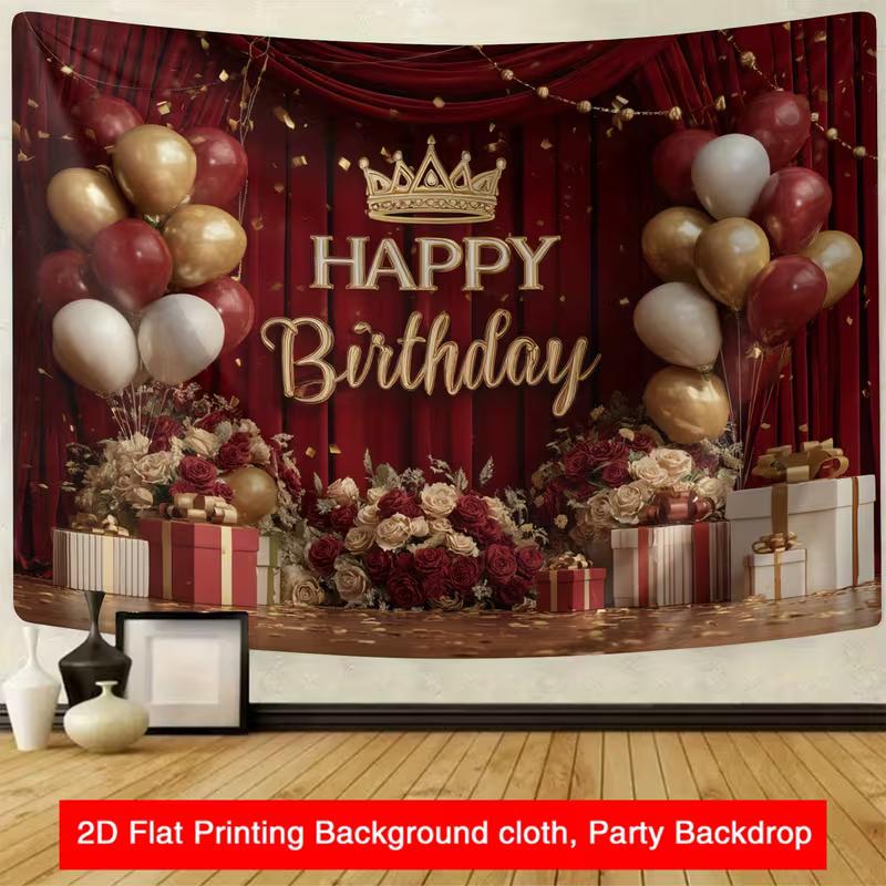 2D Burgundy Gold Happy Birthday Banner, Luxury Crown Party Decor Backdrop