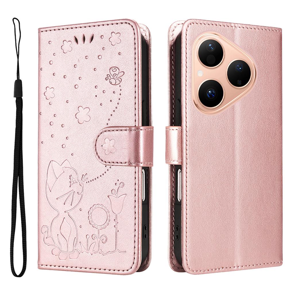 For Huawei Pura 80 Leather Wallet Case Cat Bee Pattern Phone Cover Stand