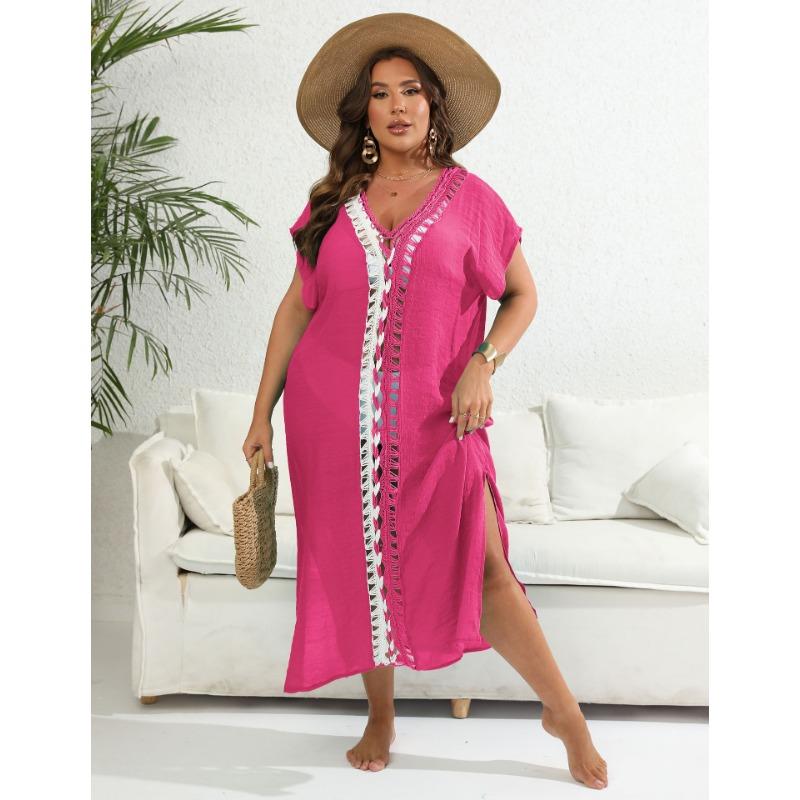 Holiday Beach Cover-Ups Plus Size Women's Cover Up Hand Hooked Clashing Colour Splicing Deep V Split Dress