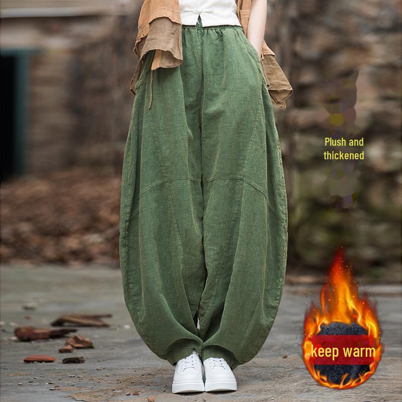 Шаровары из утолщенного бархата рами и хлопкового льна - Весна 25 Женские брюки для медитации