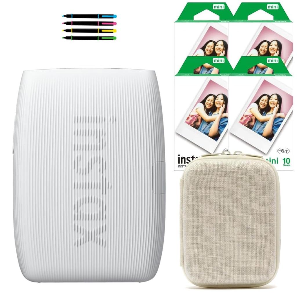 Instax Mini Link3 Smartphone Printer, Clay White, Case, 40 Films, and Deco Pen (7-Piece Set)