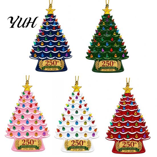 Christmas Tree Pendant 5 Pcs 2D Flat 250 Anniversary USA Ornament, Year Santa Hanging Decorations of America 1776-2026 Acrylic Patriotic Decoration