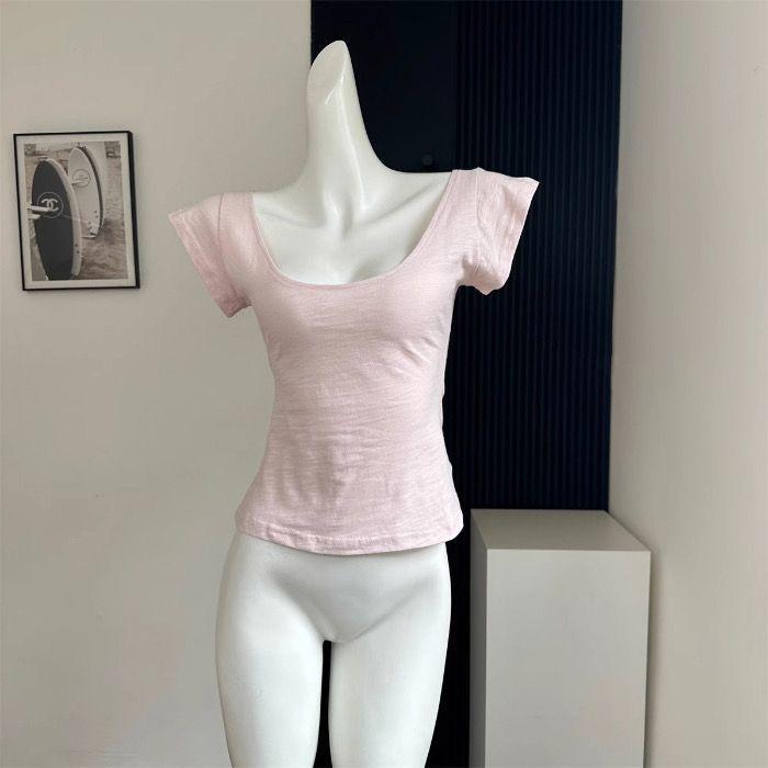 Розовая футболка из бамбукового хлопка с U-образным вырезом, облегающего кроя, с короткими рукавами для женщин - Летний корейский стиль