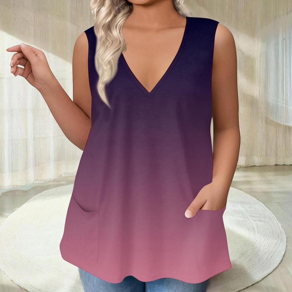 Женская футболка с V-образным вырезом, жилет, свободная, с карманами, футболка с градиентным принтом, нижняя рубашка