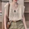 Летний вязаный кардиган, женские модные полые тонкие футболки, свободные вязаные жилеты с v-образным вырезом и короткими рукавами, короткие топы