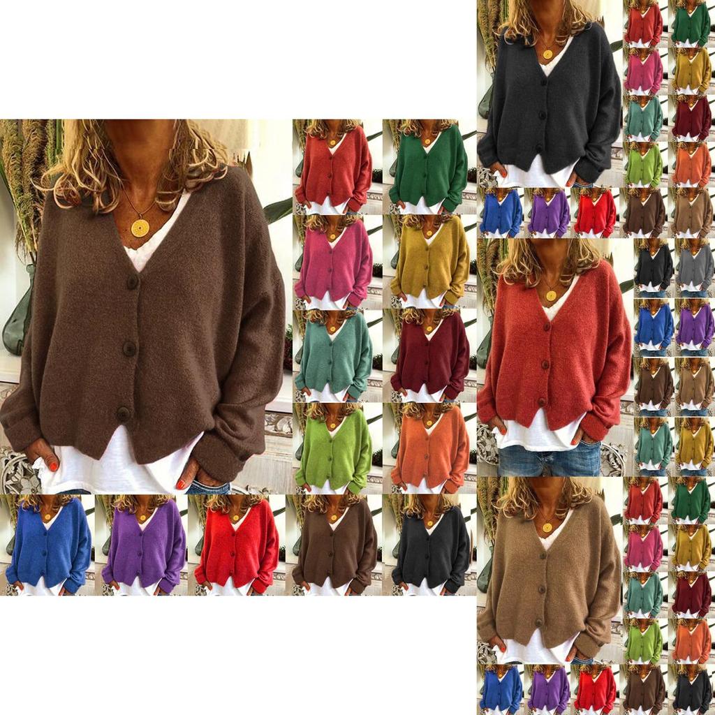 Knitted Womens Plain Coat Cardigan Ladies Button Loose Jumpers Sweater Size Plus