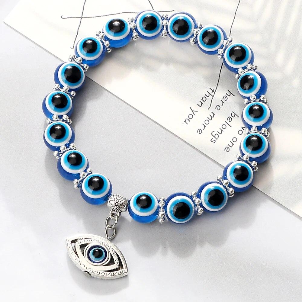 10mm Lucky Blue Evil Eye Bracelet Palm Butterfly Owl Elephant Pendant Charm Crystal Resin Beaded Bracelets for Women Men Jewelry