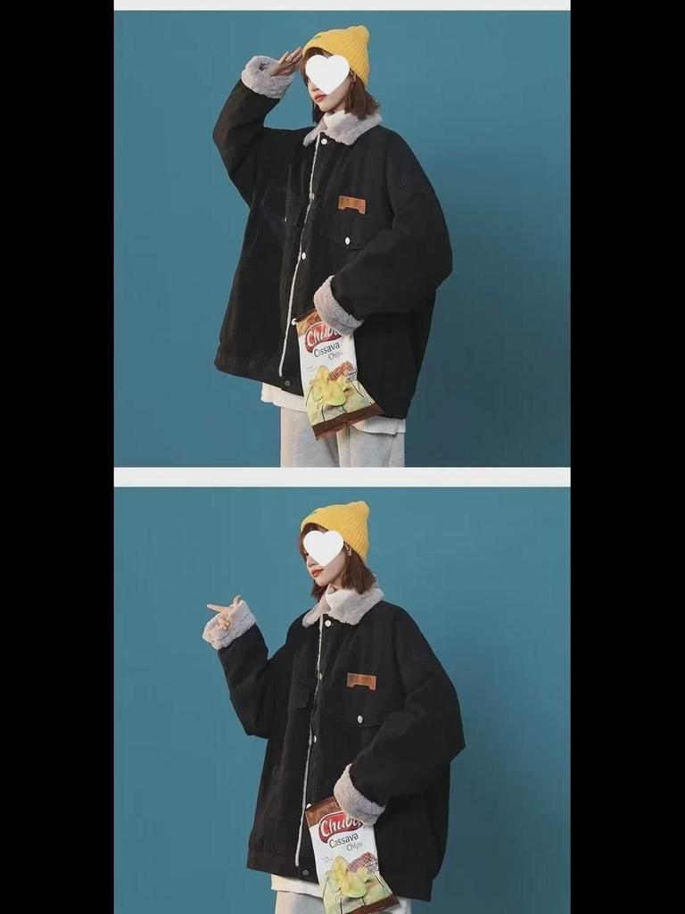 Женская джинсовая куртка из овечьей шерсти в гонконгском стиле 2024 года: Толстое, свободное, теплое зимнее пальто