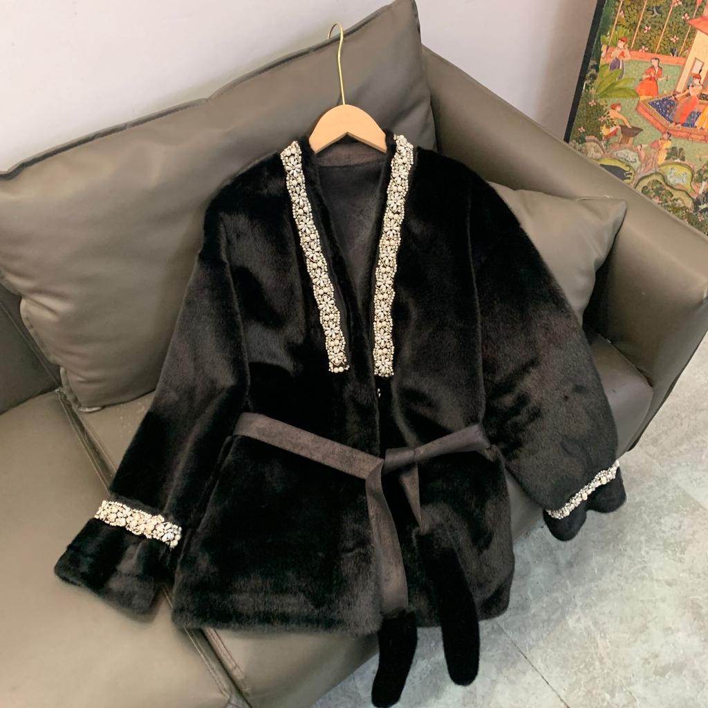 Eco-friendly Fur Jacket Women's Small Wind Belt Medium Length