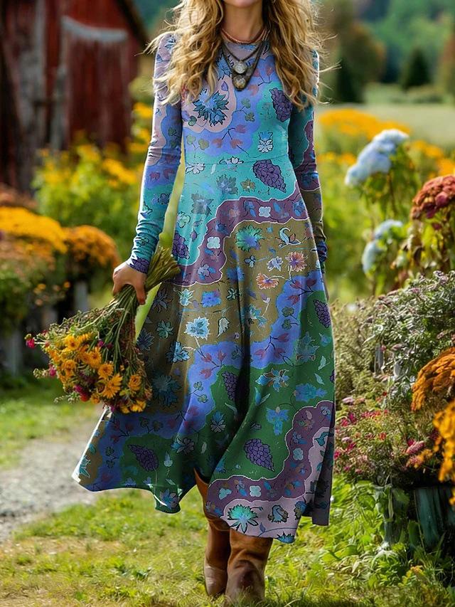 Женское среднедлинное платье в богемно-ретро стиле с принтом, А-силуэта, для отпуска