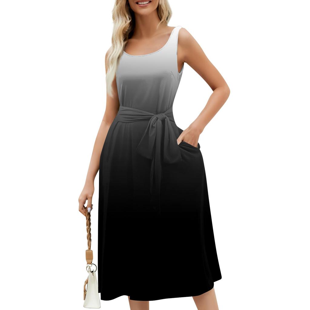 Летние платья для женщин 2024, пляжные свободные с круглым вырезом, без рукавов, миди-трапеции, распашное платье, сарафаны с карманами