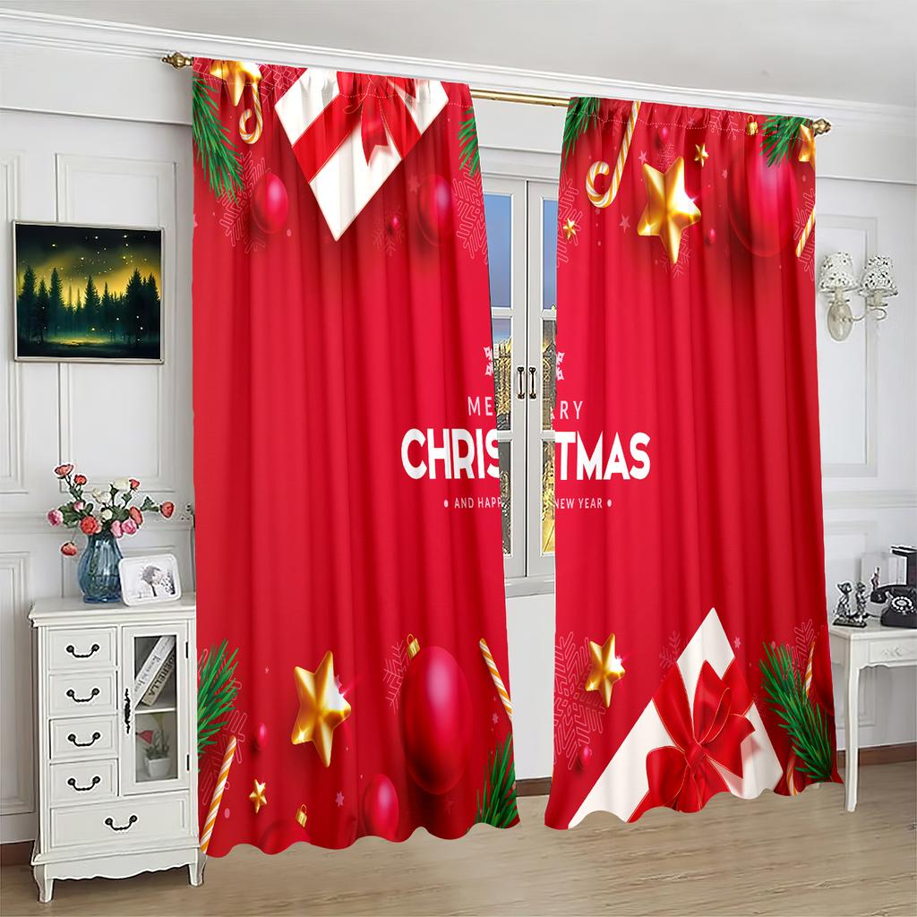 2 Pieces - Christmas - Printed Curtain - Polyester Material - Suitable for Bedroom, Living Room, Study Private Curtain