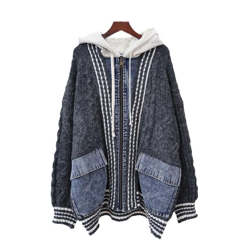 Осень и зима новый худи с джинсовыми вставками на молнии вязаный кардиган утолщенный свободный дизайн свитер куртка женская