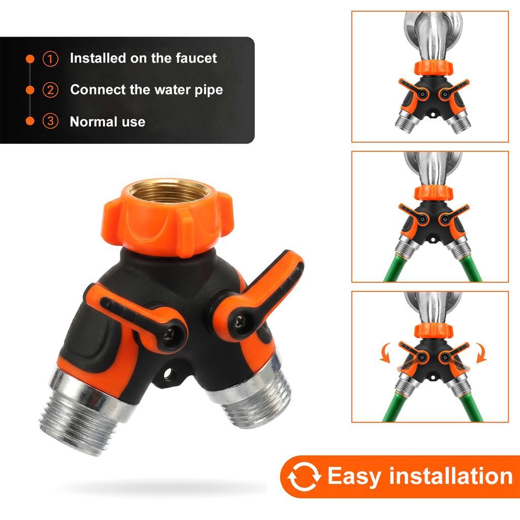 2 Way Hose Splitter Heavy Duty Metal Y Garden Hose Splitter with Shutoff Valves Outdoor Faucet Adapter 3/4 Inch GHT Water Hose C