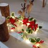 2 Meter Artificial Poinsettia Christmas Garland with Red Berries and Holly Leaves with LED String Lights For Christmas Decoration