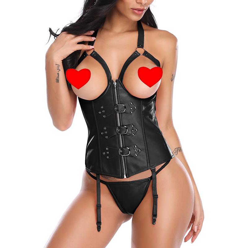Женский эротический корсет из искусственной кожи с металлической фурнитурой