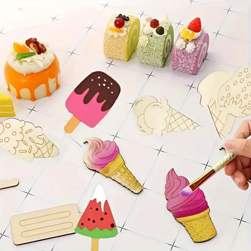 16 Pieces Unfinished Summer Ice Cream Wooden Cutouts, 8 Styles Ice Cream Wood Slices Blank Wooden Paint Crafts Summer DIY Crafts Home Decoration