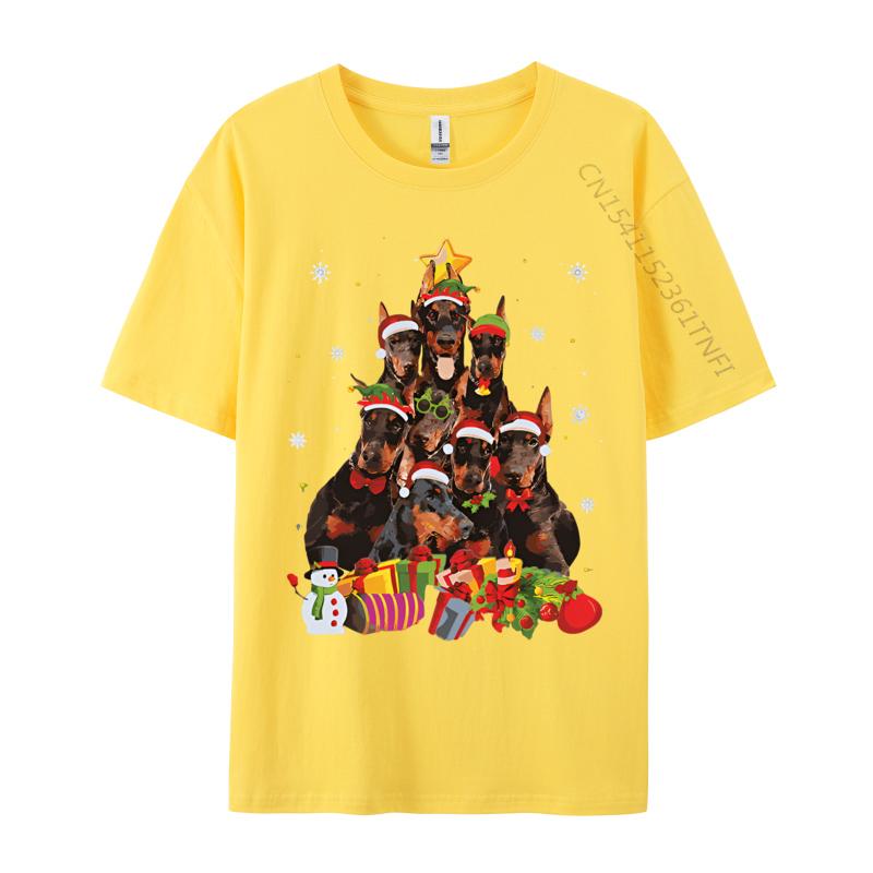 Vintage T Shirt Men Funny Christmas Tree Xmas Lights Doberman Tshirt Hip Hop England Style Tees Cotton T Shirt for Men Funny