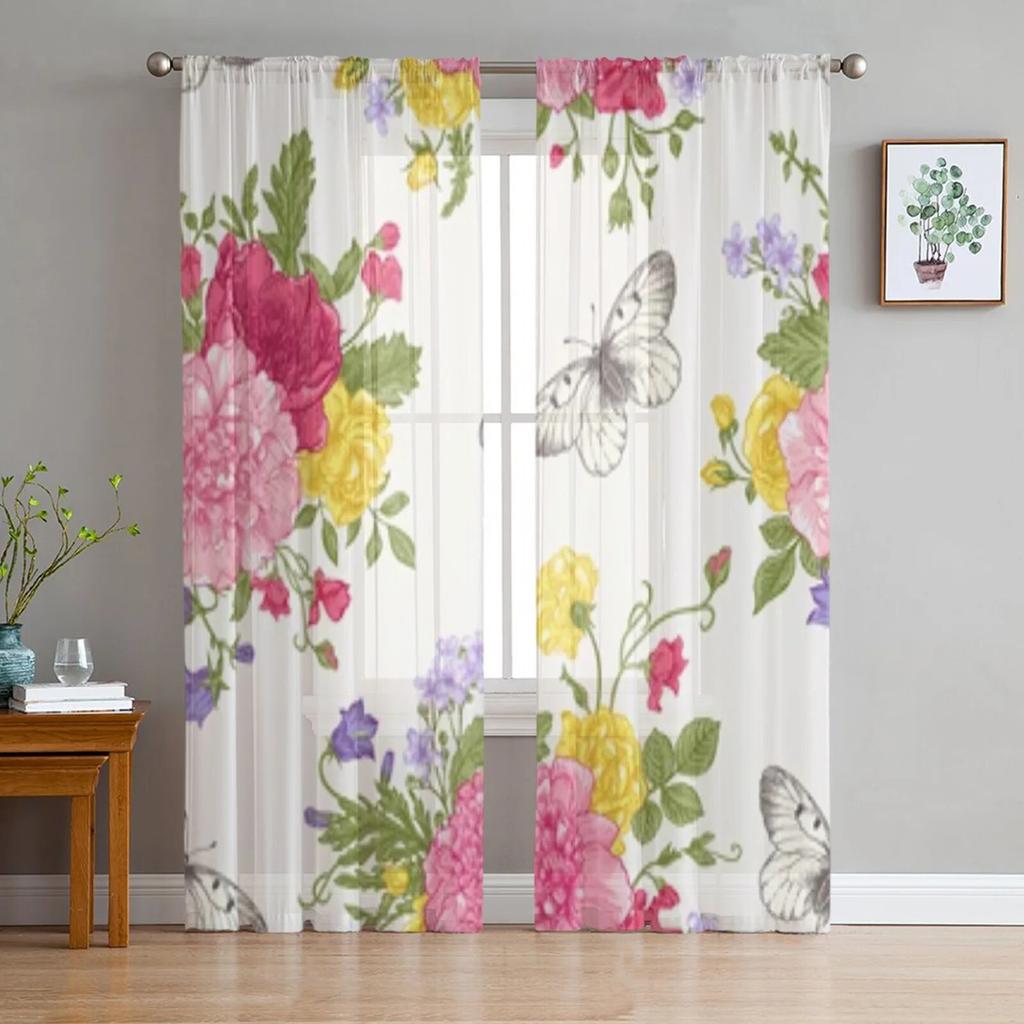Прозрачные оконные шторы с цветочным узором и розовыми розами для гостиной, спальни, современные шифоновые вуали, тканевые шторы