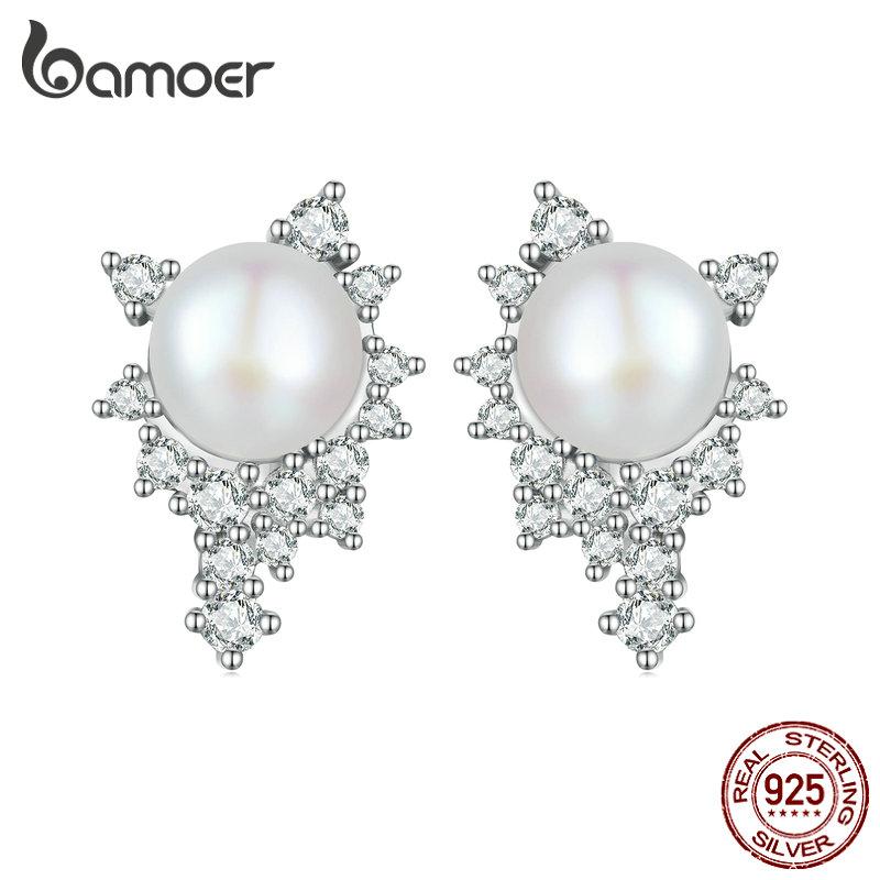 BAMOER Серьги из стерлингового серебра 925 пробы с яркими цирконами и бусинами для женщин, ювелирные изделия