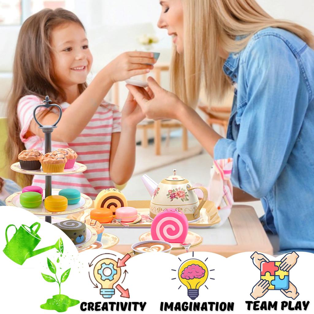 Kids Play Food Set, 3-Tier Dessert Stand Cupcakes Macarons, 44PCS Assorted Colors, Afternoon Tea Role Play Toy