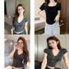 Tshirt For Women Summer Lace Panel Vneck Short Sleeve With Bow Embroidery Oversize Style