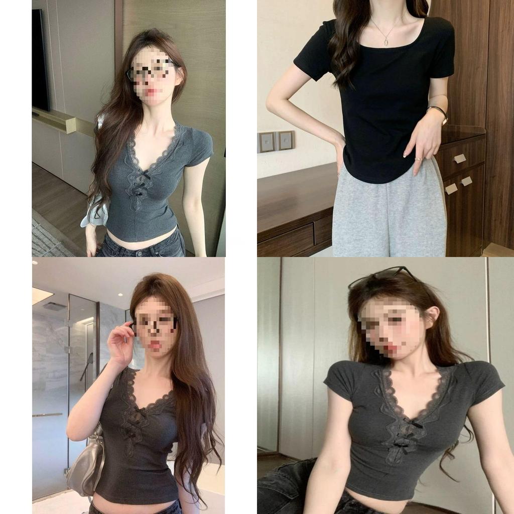 Tshirt For Women Summer Lace Panel Vneck Short Sleeve With Bow Embroidery Oversize Style