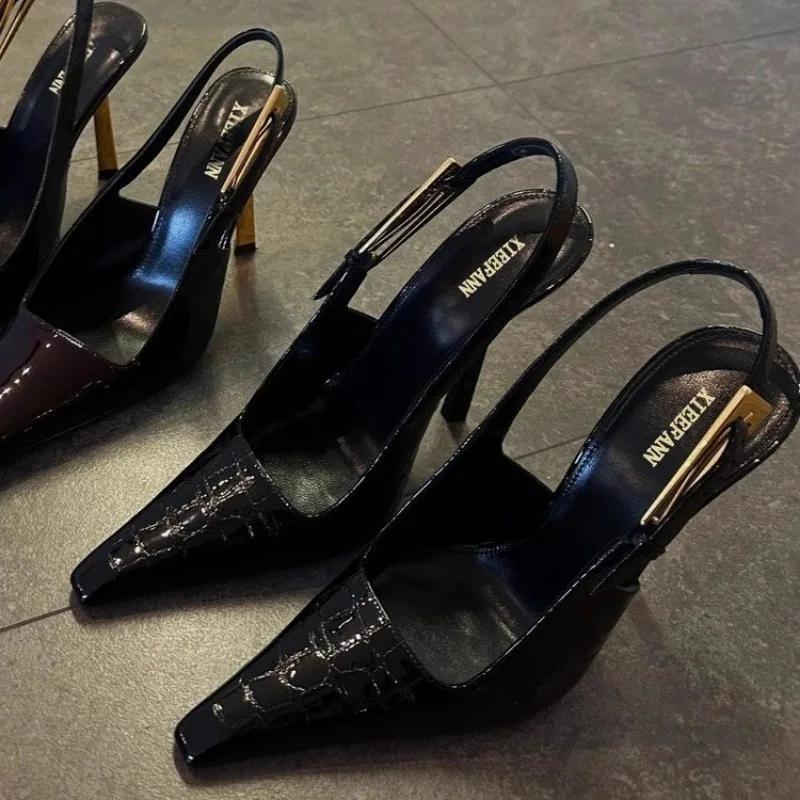 Туфли на шпильках с острыми краями, женские туфли-лодочки из лакированной кожи, летние дизайнерские босоножки-мюли, элегантные сексуальные офисные туфли на высоком каблуке, женская обувь