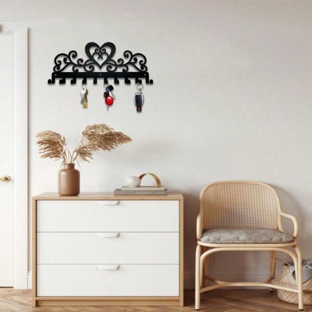 Vintage Metal Wall Key Holder Heart Shape 10 Hooks Rustproof Organizer