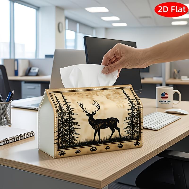 2D Flat, 1pc Tissue Box, Printed on Both Sides, Rustic Woodland Vintage Tissue Box Deer Forest Sepia, Durable Napkin Organizer for Car, Kitchen, Dinin